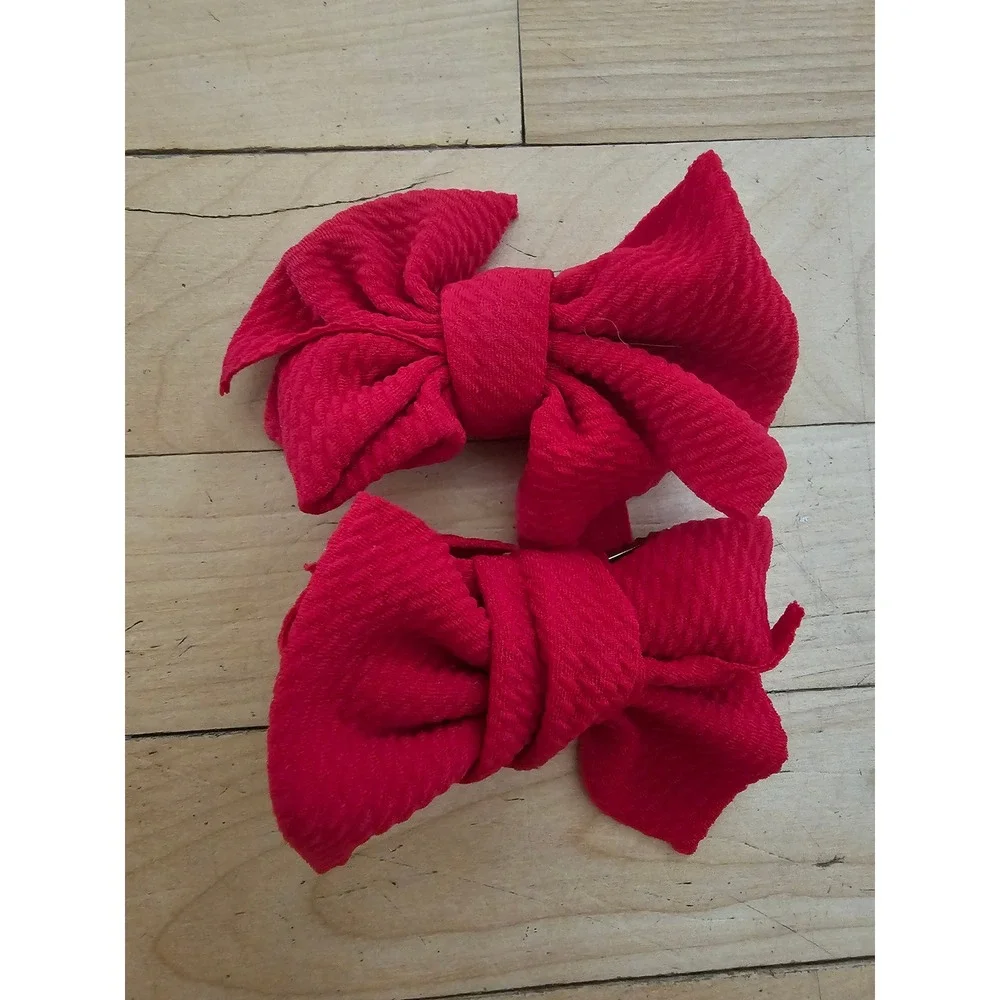 Red Textured Bullet Fabric Hair Bows Set of 2 Large Knot Alligator Clips Kids